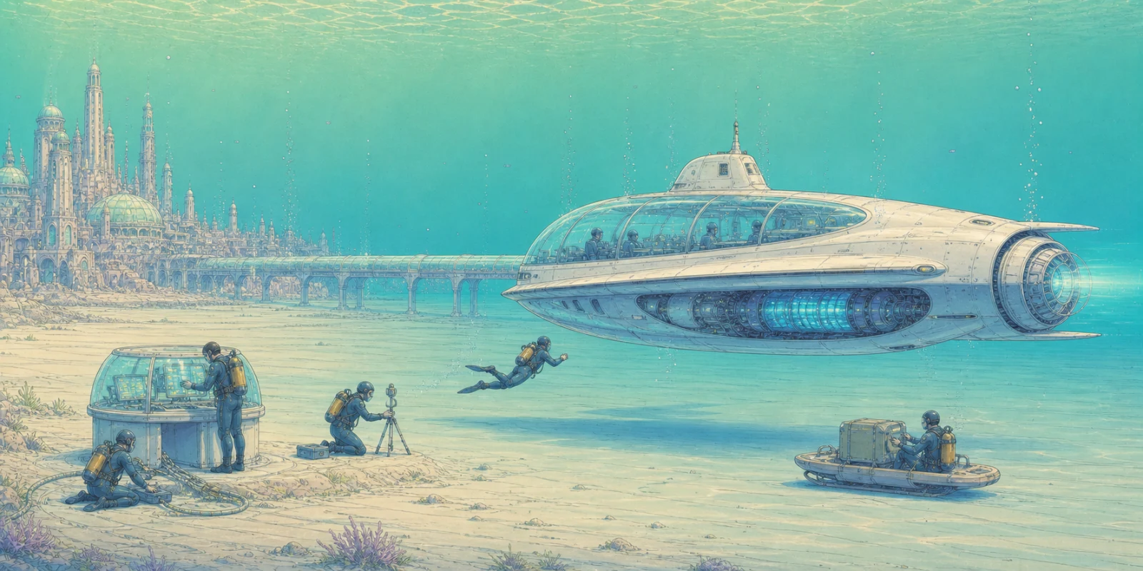 Original AI-generated Atlantis scene with an ivory submarine, divers, ocean floor, bridge, and distant city