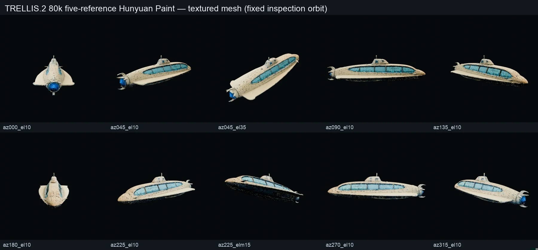 Inspection orbit of a compromised five-reference textured submarine mesh with inconsistent shape and surface detail