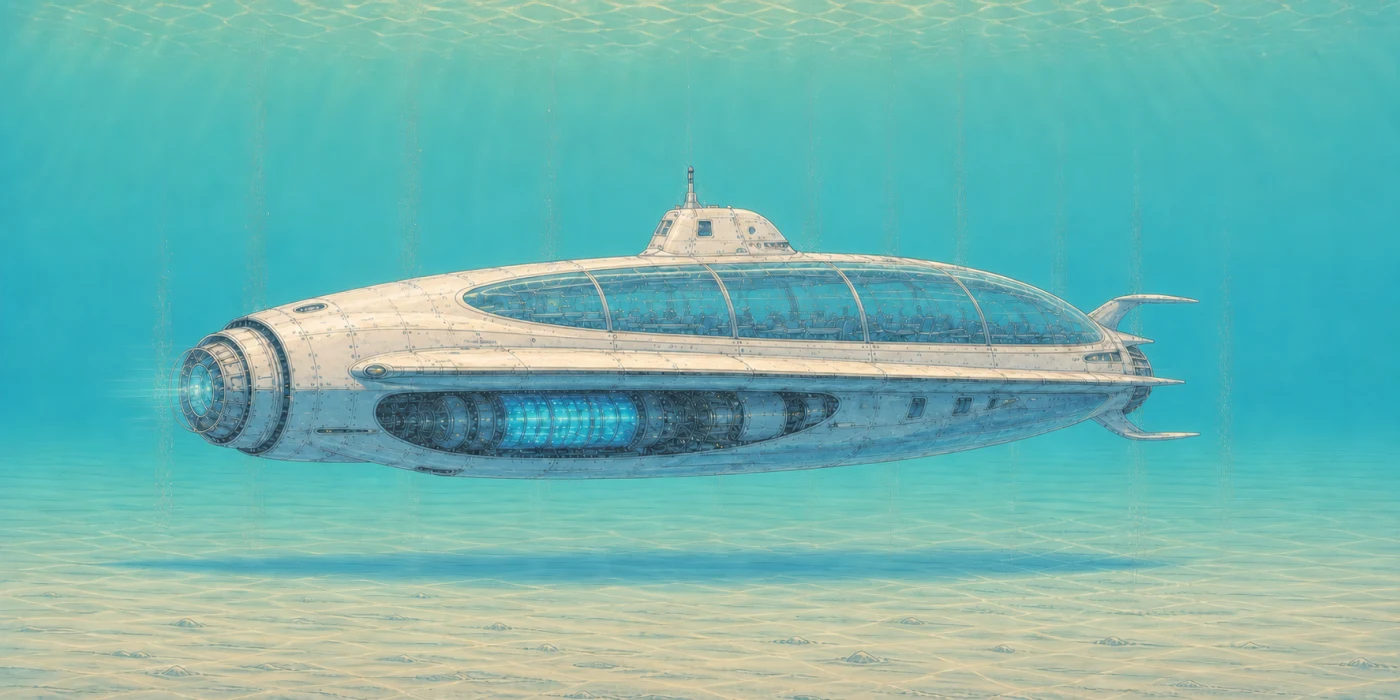 Simplified starboard reference view of the submarine in quiet water