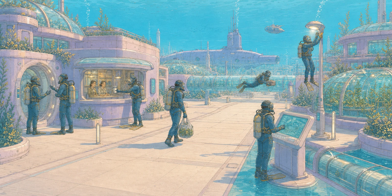 Pedestrians crossing a civic underwater plaza surrounded by gardens and rounded buildings