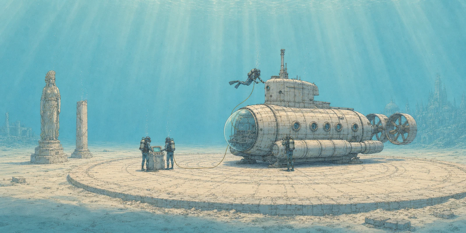Vintage cylindrical submarine and small expedition team under strong shafts of underwater light