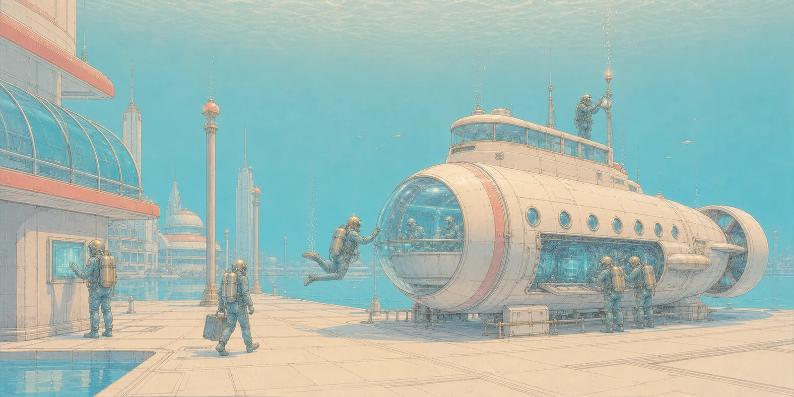 Compact submarine at a bright underwater station with swimmers and pedestrians