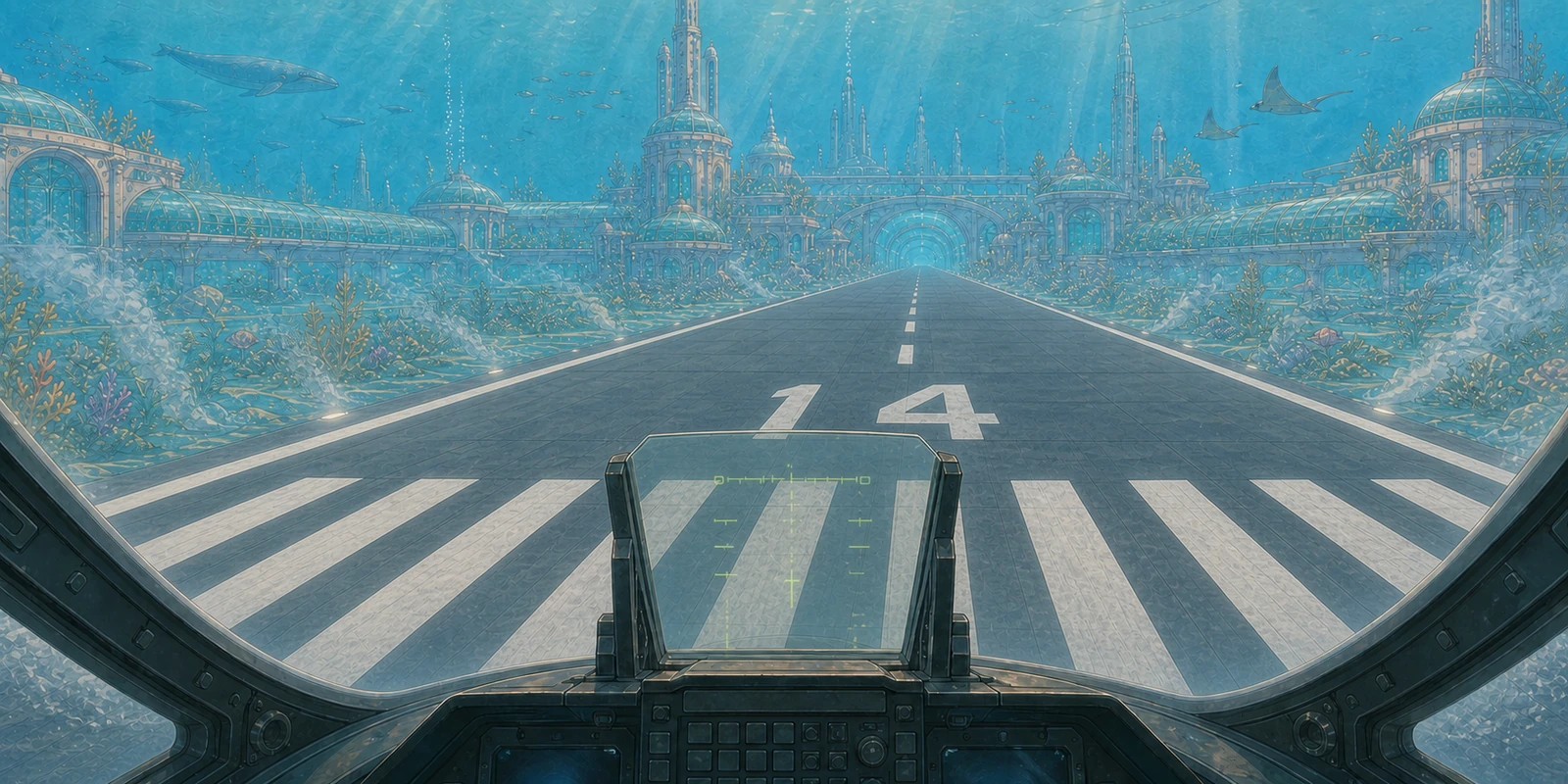Cockpit view aligned with underwater runway 14 leading into the city