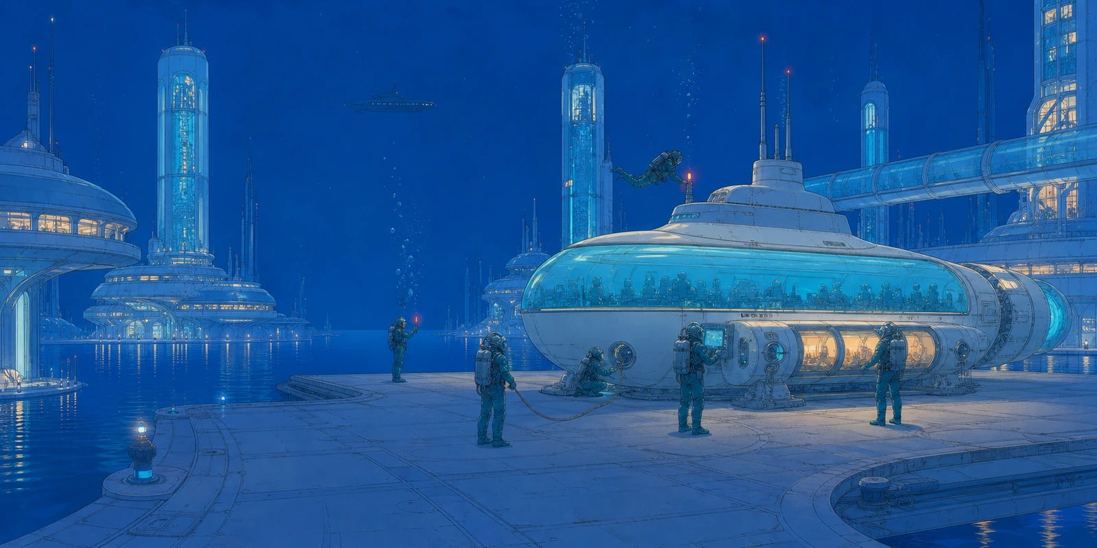 Blue night plaza with luminous towers, a white submarine, and a small service crew
