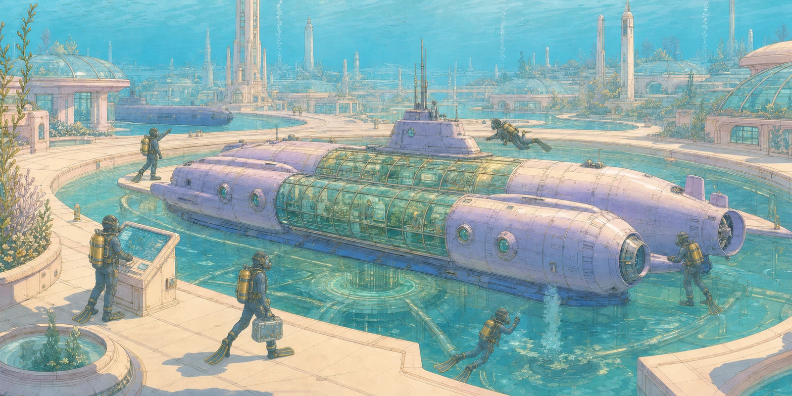 Busy underwater harbor with parallel submarines, people, gardens, and distant towers