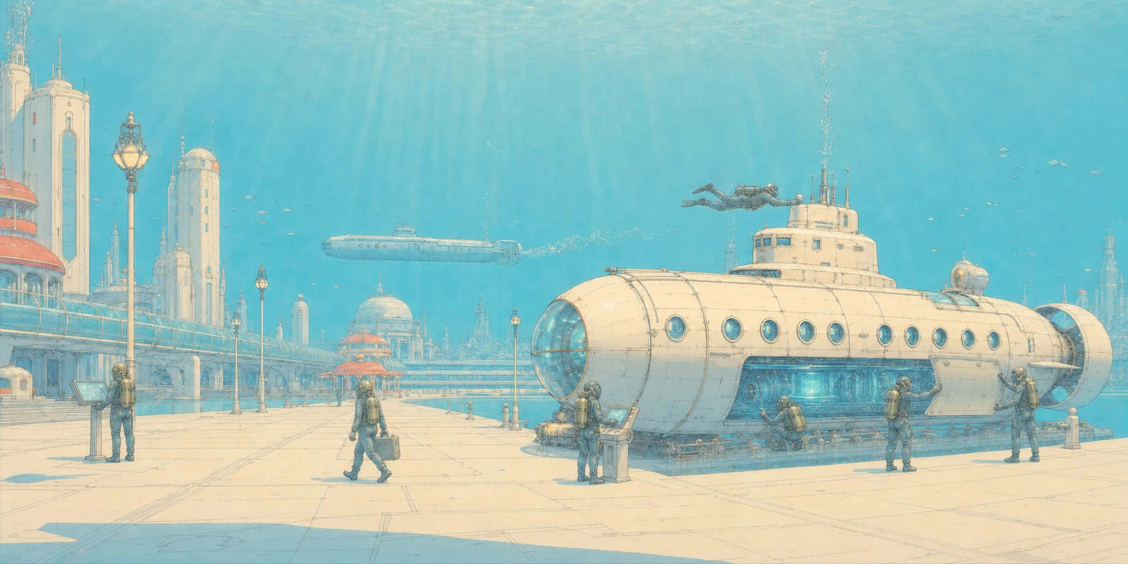 Expedition team gathered around a compact cylindrical submarine in a bright civic district