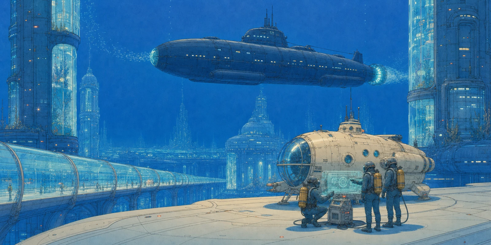 Large dark submarine passing above an expedition crew in a luminous underwater city