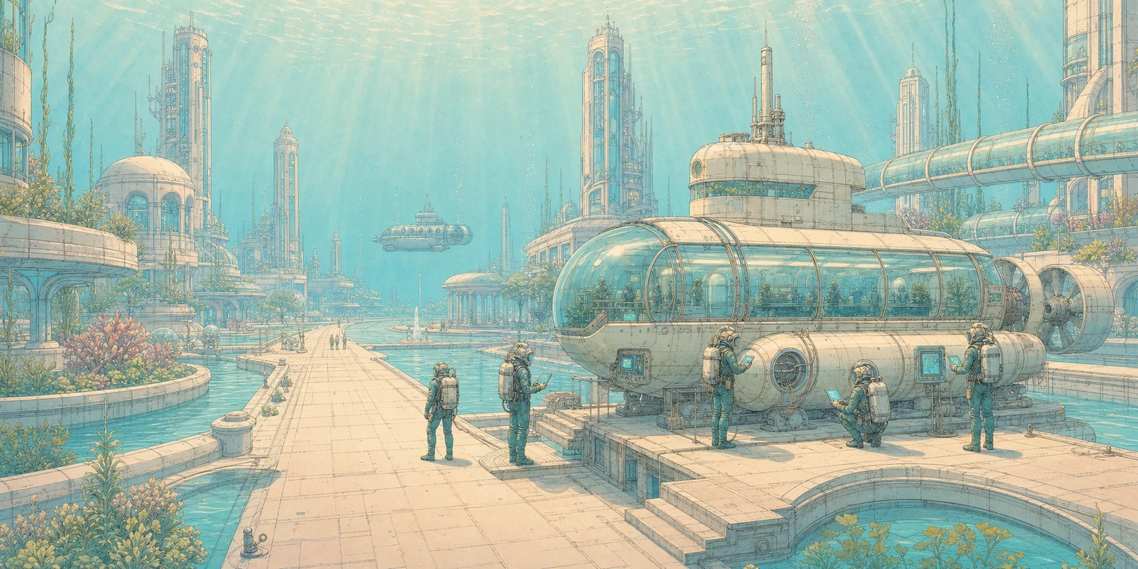 Glass-roofed submarine moored beside gardens and monumental underwater architecture
