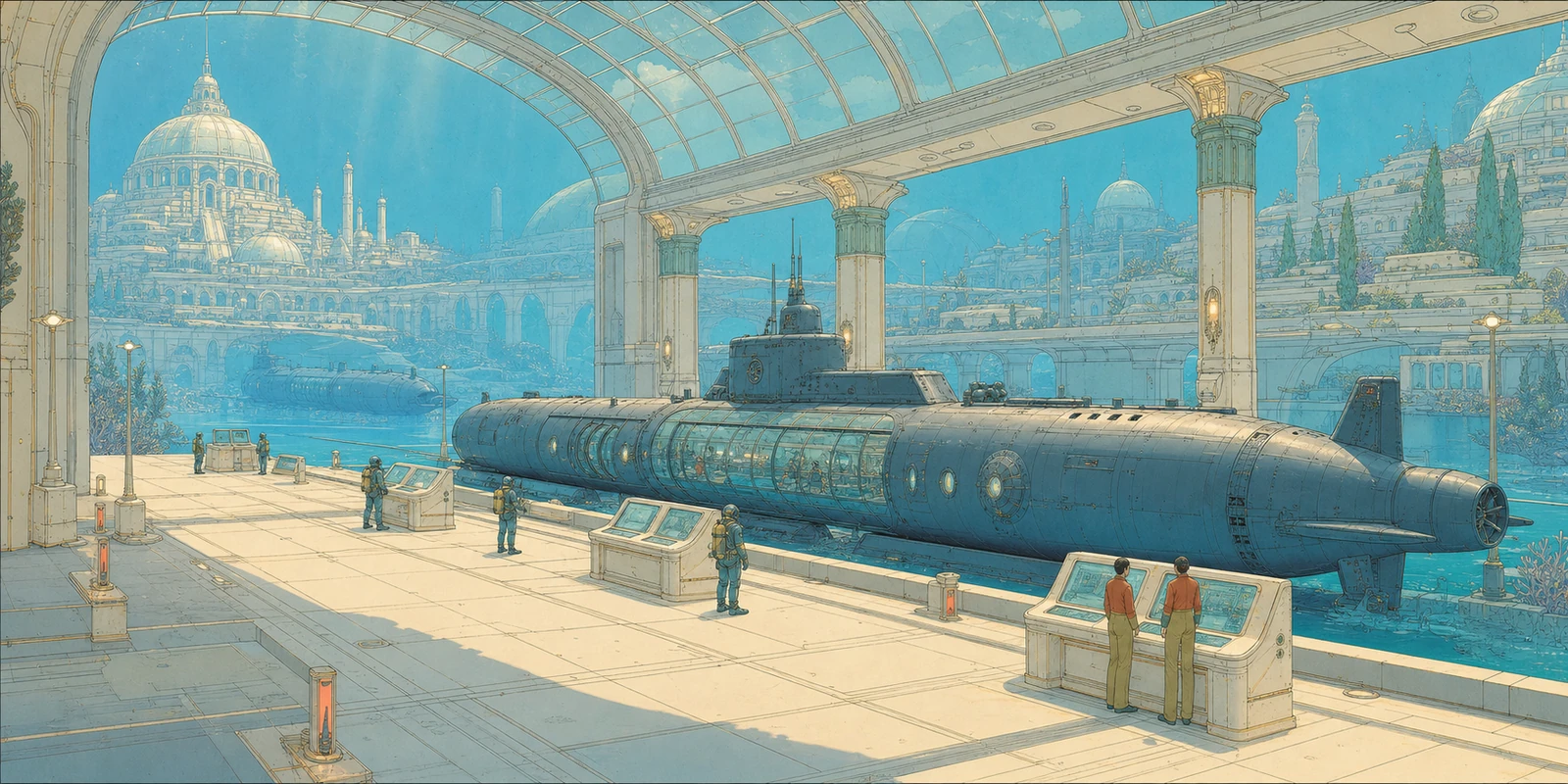 Long dark submarine beneath an arched elevated bridge in a bright underwater city